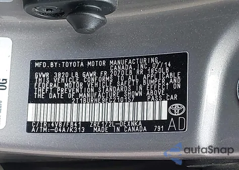 2014 Toyota Corolla Le z USA, uszkodzony, nr VIN 2T1BURHE9EC210157